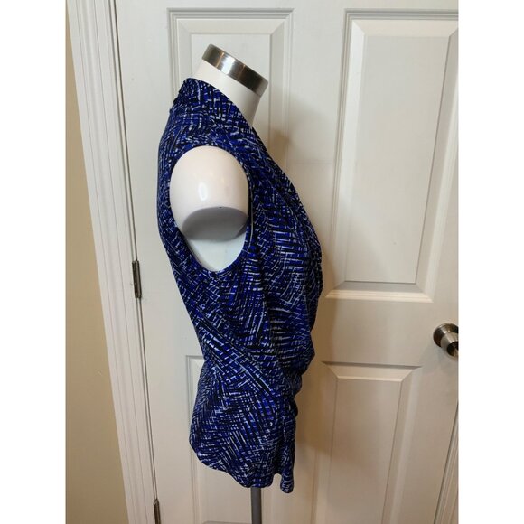 St. John Regal Blue Splatter Check Sleeveless Wrap Top NWT $245, Size Small - Picture 2 of 6